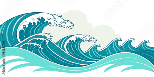 A large wave crashing in the ocean with white clouds Vector