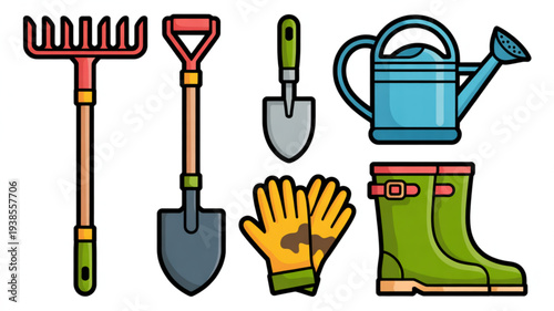 Gardening tools and accessories on white background including rake shovel trowel watering can gloves and boots