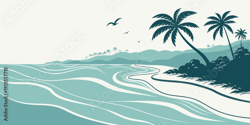A serene beach scene with palm trees and ocean waves Vector
