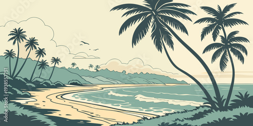 A serene tropical beach scene with palm trees and a calm sea Vector