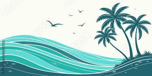 A serene tropical beach scene with palm trees Vector