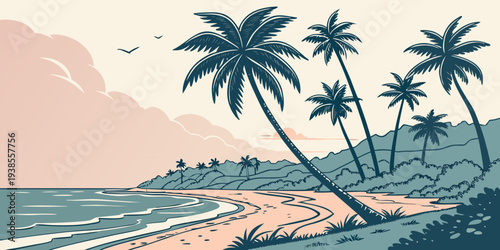 A serene beach scene with palm trees at sunset Vector