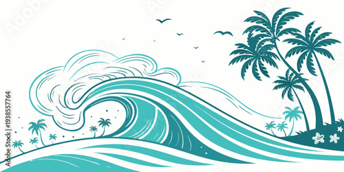 A wave crashes on a tropical island with palm trees Vector