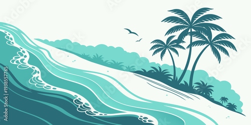 A serene tropical beach scene with palm trees and a large wave Vector