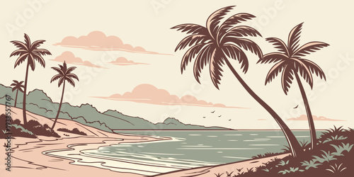 A serene beach scene with palm trees and a calm sea Vector