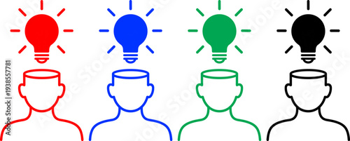 Four colorful heads with lightbulbs above them, symbolizing ideas and inspiration