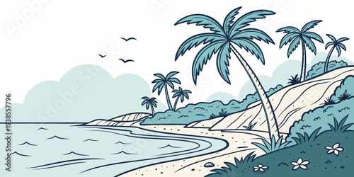 A serene beach scene with palm trees and a calm sea Vector