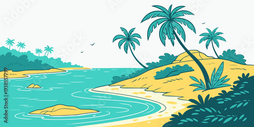 A pixel art illustration of a tropical beach with palm trees Vector