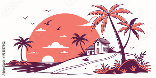 A serene tropical island scene at sunset Vector