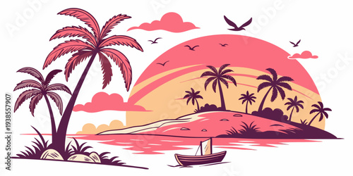 A serene tropical island scene at sunset Vector