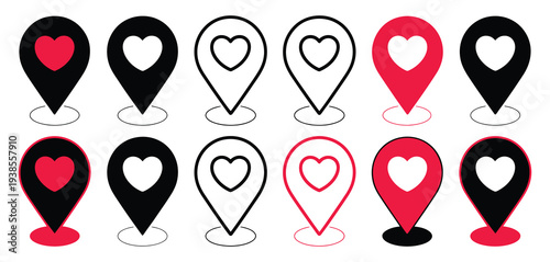 Heart map pin location icon collection for romantic place marker, love travel destination, wedding and couple journey concept design vector