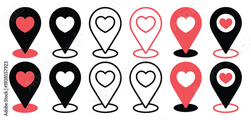 Love location icon set, heart shaped map pin marker, romantic destination symbol, relationship travel, and couple love navigation concept vector