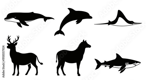 Diverse Animal Silhouettes Collection: Marine and Land Wildlife Graphic Set