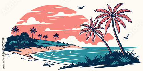 A tropical island with palm trees and a pink sunset Vector