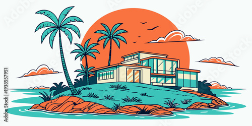 A colorful illustration of a tropical island with a house Vector