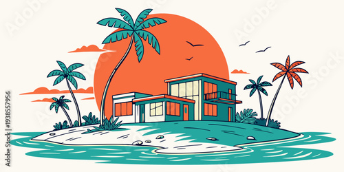 A colorful illustration of a tropical island with a house and palm trees Vector