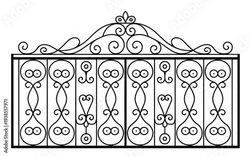 Wrought iron gate, door, fence, window, grill, and railing design vector collection featuring decorative scrollwork, ornate metal patterns, and classic architectural elements ideal for buildings