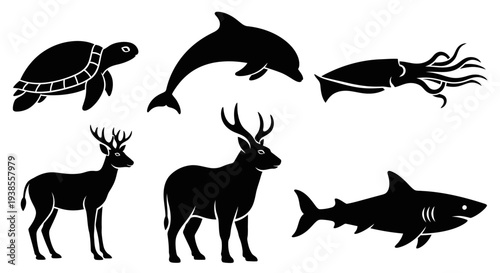 Diverse Animal Silhouettes Collection: Turtle, Dolphin, Squid, Deer, Shark Icons