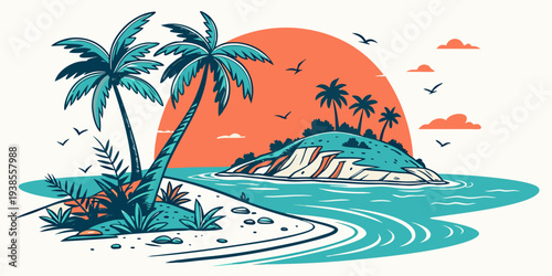 A pixel art illustration of a tropical island with palm trees at sunset Vector