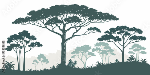 A group of trees on a hillside with a large tree in the center Vector