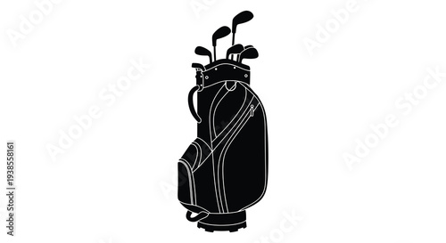 A detailed outline depicts a golf bag containing various clubs a common accessory for the sport silhouette high quality