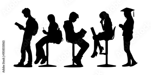 Diverse student silhouettes reading and studying, isolated on transparent background