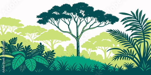 A serene jungle landscape with lush greenery and trees Vector
