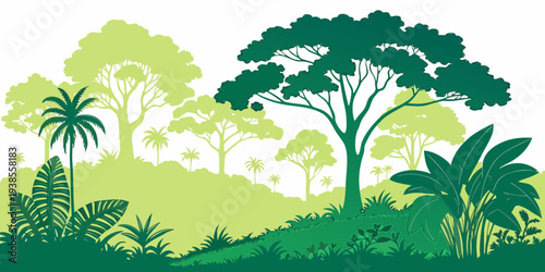 A green landscape with trees and bushes on a hillside Vector