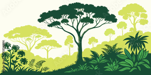 A serene landscape with trees and bushes in the forest Vector