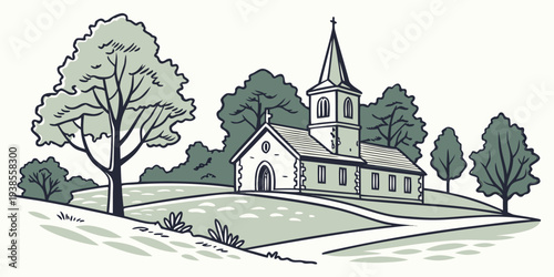 A church with a steeple and trees Vector