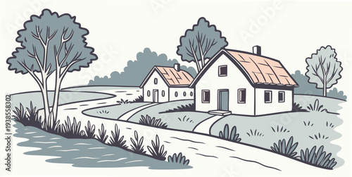 A house and a barn on a rural landscape Vector