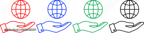 Globe held by hand icons in red blue green and black isolated on transparent background