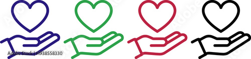 Giving heart icons blue green red black symbolizing love care and donation hands