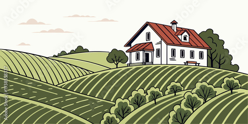 A house on a hill overlooking a vineyard Vector