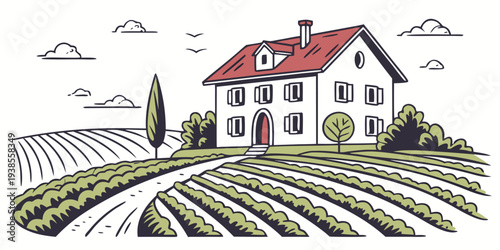 A white house with a red roof sits on a hill overlooking a vineyard Vector