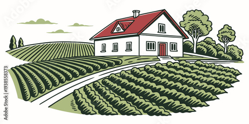 A white house with a red roof and a vineyard Vector