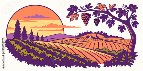 A pixelated image of a vineyard at sunset Vector