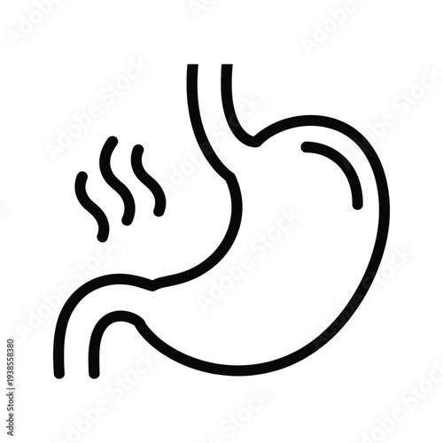 Human Stomach Line Art Icon for Hunger, Indigestion, or Abdominal Pain - Minimalist Medical Vector