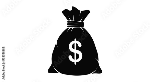 A stark black silhouette depicts a full money bag with a prominent dollar sign symbol silhouette high quality professional