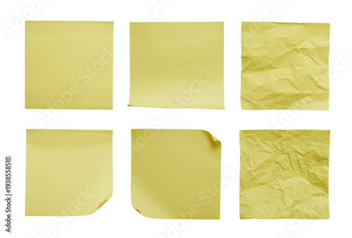 Collection of yellow sticky notes in various conditions isolated on white background brainstorming and ideas concept