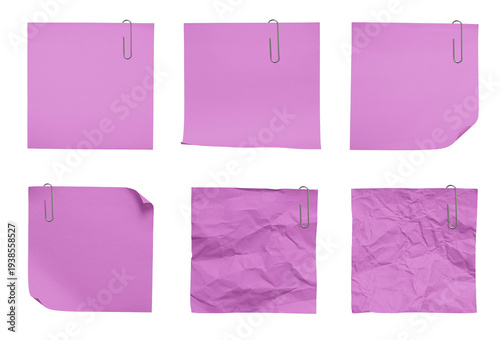 Photos Collection of six pink note papers with metal paper clips and various textures f