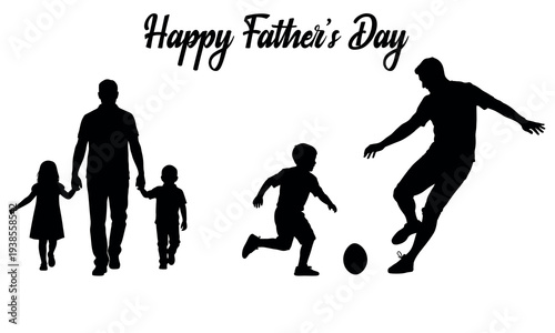 Happy father's day family silhouette father and kids playing soccer