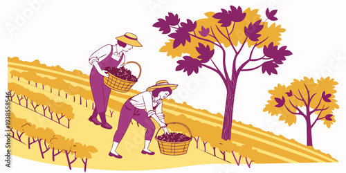Farmers harvesting crops in a field during autumn Vector