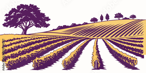 A purple and yellow image of a vineyard with a tree Vector