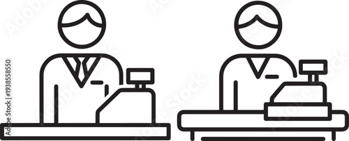 Cashier and Cash Register Icons - Minimalist Vector Outline of Retail Worker for Shopping, Payment, and Business Customer Service
