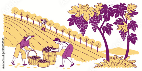 People working in a vineyard with trees nearby Vector