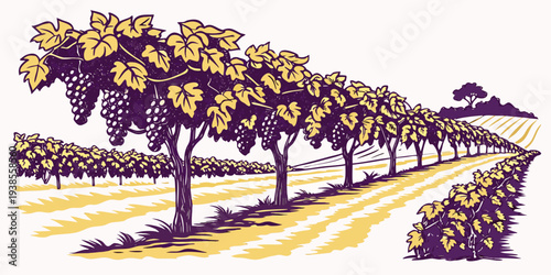A row of trees in a field with yellow and purple hues Vector