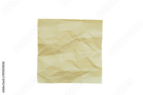 Blank crumpled yellow paper square isolated on white background texture concept