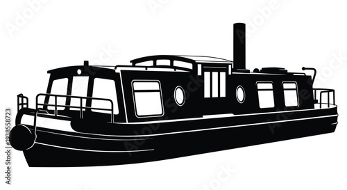 A detailed black and white depiction of a classic riverboat showcasing its architectural features a silhouette high quality