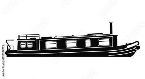 A stark black silhouette depicts a long narrow canal boat with windows and a chimney silhouette high quality professional